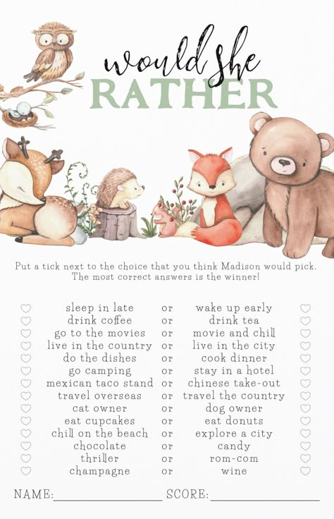 Would she rather? Woodland forest animals themed baby shower game cards. Baby shower game ideas. afflink Woodland Birthday Party Games, Woodland Forest Baby Shower Theme, Baby Animal Theme Baby Shower Ideas, Woodland Critters Baby Shower Ideas, Rustic Woodland Baby Shower Ideas, Woodland Theme Decor, Woodsy Theme Baby Shower Ideas, Woodland Baby Shower Theme Games, Woodland Creature Baby Shower Ideas