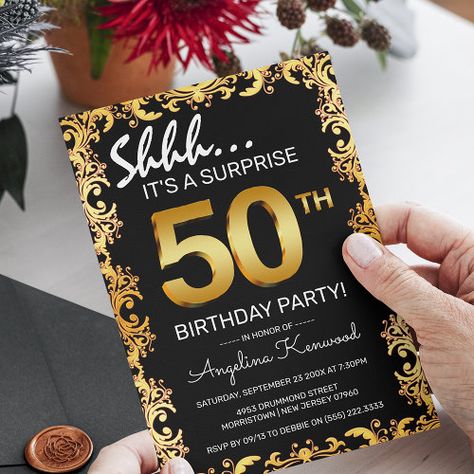 $2.8 | Stylish Black & Gold 50th Surprise Birthday Party - black, gold, surprise, party, elaborate, milestone birthday bash, adult birthday party, elegant, stylish, 50th birthday party Birthday Party Elegant, Elegant Birthday Invitations, Surprise Birthday Invitations, 80th Birthday Invitations, Surprise Birthday Party, 60th Birthday Invitations, 30th Birthday Invitations, 50th Birthday Invitations, 40th Birthday Invitations