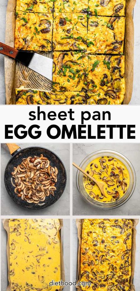 Breakfast for a Holiday crowd just got a whole lot easier with this sheet pan eggs recipe. Mushrooms, cheese, and cream are whisked together with eggs, poured into a sheet pan, and baked into a perfect egg omelette. Mushroom Cheese Omelette, Baked Omelette Recipe, Sheet Pan Eggs, Baked Omelette, Breakfast Lasagna, Cheese Mushrooms, Breakfast Hack, Egg Omelette, Breakfast Omelette