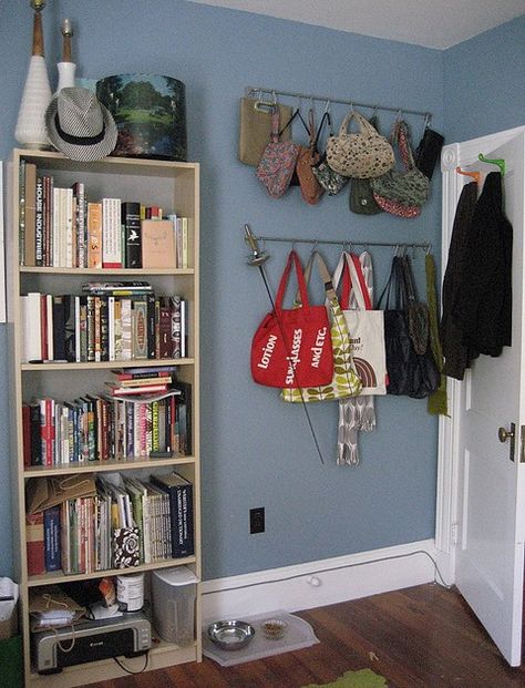 smallrooms Small Room Bag Storage, Diy Bag Storage, Organization Ideas For Purses, Hanging Bag Storage, Cute Purse Storage Ideas, Storage Ideas For Bedroom With No Closet, Organize Bags And Purses, Organizing Bags, How To Hang Bags In Room