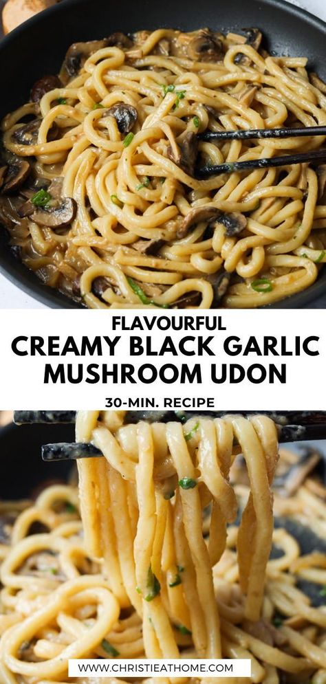 Creamy Black Garlic Mushroom Udon. Bouncy udon noodles smothered in a savoury black garlic mushroom cream sauce that will make you keep coming back for more. Made in only 30 minutes and great for dinner or lunch. This dish comes together easily and can be made dairy-free as well. #easy udon noodle recipe #japanese udon noodle recipe #udon noodle recipe stir fry #udon noodle recipe #udon recipe #udon noodles Garlic Udon Noodles, Udon Dinner Recipes, Creamy Udon Recipe, Recipes With Udon Noodles, Udon Noodle Recipe Chicken, Udon Mushroom, Recipes With Black Garlic, Black Garlic Recipes Dishes, Black Garlic Recipes