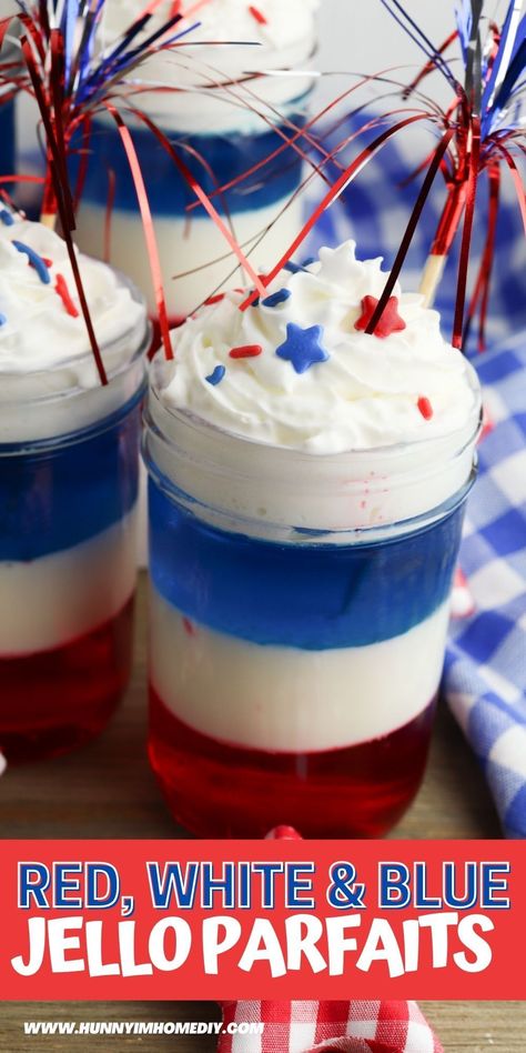 Looking for the best summer party ideas? These patriotic desserts are perfect! Make your own layered Jello parfaits in mason jars with this easy no bake recipe. Whether you need a recipe idea for Memorial Day or the 4th of July, these individual treats are the perfect red, white, and blue snack for kids and adults alike! Patriotic Jello, Red White And Blue Jello, Madeline Party, Jello Parfait, Favorite Deserts, Patriotic Snacks, Sonic Cherry Limeade, Memorial Day Desserts, Mason Jar Recipe