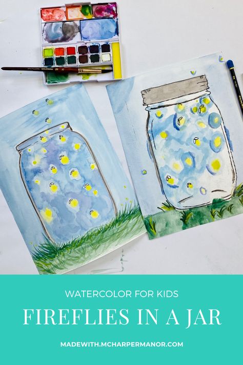 Easy Watercolor Paintings For Kindergarten, Watercolor For Kindergarteners, Firefly Art Project, Elementary Art Projects Summer, Crayola Watercolor Painting, 2nd Grade Watercolor, Spring Watercolor Painting For Kids, Easy Kids Watercolor Ideas, Firefly Art Preschool