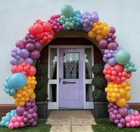 Organic Balloon Arch in Bright Colours for a Birthday Celebration Organic Balloon Arch, Ballon Entrance Arch, Rainbow Archway, Balloon Arch Multicolor, Entry Gate Balloon Decoration, Baloon Decorations Arch Entrance, Balloon Release, Small Business Tax, Policy Template