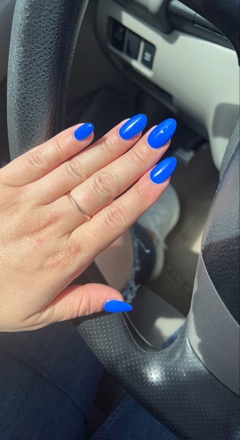 Blue Spring Nails, Acrylic Simple One Color Almond Nails, Blue Shirt Almond Nails, Summer Color Almond Nails, Bright Blue Acrylics, Short Almond Solid Color Nails, Dark Blue Almond Acrylic Nails, Royal Blue Nails Summer, Bright Dark Blue Nails, Bright Royal Blue Nails