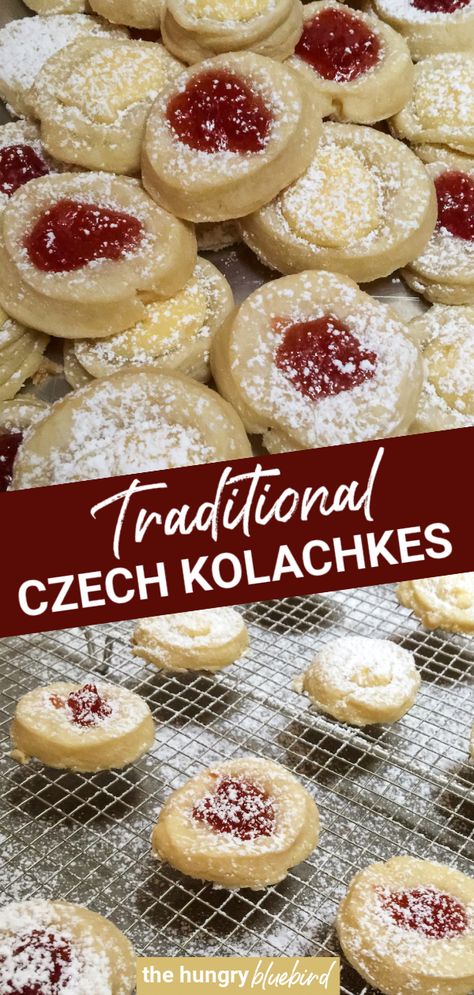 Kolachkes are traditional Czech cookies filled with jam, cheese or nuts and dusted with powdered sugar, these are the ones you'll find in Chicago area bakeries and my family’s favorite Christmas time treat! #kolachkes #Czech #Bohemian #kolache #cookies #Christmascookies Bohemian Kolaches, Czech Cookies, Kolache Recipe Czech, Kolache Cookie Recipe, Kolaczki Cookies Recipe, Kolachy Cookies, Hungarian Cookies, Czech Desserts, Kolache Recipe