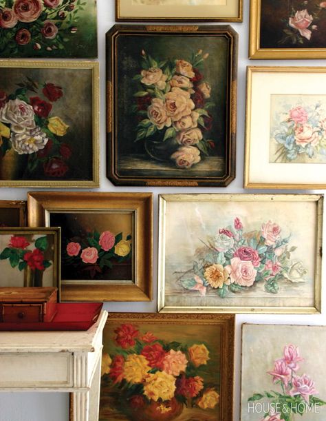 Vintage Floral Art Prints, Floral Pictures On Wall, Vintage Art Prints Paintings, Floral Wall Art Vintage, Vintage Floral Pictures On Wall, Vintage Floral Gallery Wall, Dried Flower Gallery Wall, Vintage Wall Collage, Ideas For Floating Shelves