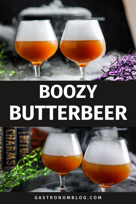 Orange Alcoholic Butterbeer Recipe in snifters with white fog on top, Halloween decor in background. Butterbeer Punch, Alcoholic Butterbeer Recipe, Butterbeer Cocktail, Boozy Butterbeer, Butterbeer Recipe Alcoholic, Alcoholic Butterbeer, Warm Winter Cocktails, Butter Beer Recipe Harry Potter, Boozy Recipes