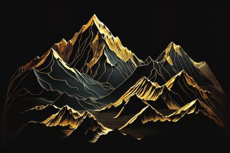 Gold Mountain Painting, Mountain Resin Art, Mountain Graphic Design, Mountain Line Drawing, Black And Gold Wall Art, Mountain Line Art, Illustration Mountain, Glam Wallpaper, Black And Gold Art