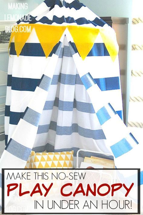 Check out how she made this DIY kids' no-sew play canopy tent in under an hour-- I can't believe what she used! Diy Kids Tent, Two Shower Curtains, Play Canopy, Cricut Corner, Making Lemonade, Top Craft, Kids Tent, Kids Canopy, Old Cd