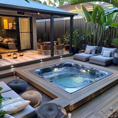 Swim Spa Deck Ideas, Spa Deck Ideas, Backyard Swim Spa, Swim Spa Deck, Apartamento New York, Spa Deck, Backyard Spa, Hot Tub Patio, Outdoor Hot Tub