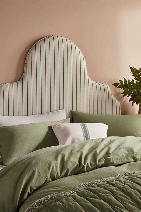 Cosy green bedroom decor ideas Ticking Stripe Headboard, Pinstripe Headboard, Head Boards For Beds, Green Headboard Bedroom Ideas, Upholstered Headboard Bedroom Ideas, Scallop Headboard, Fabric Headboard Ideas, John Lewis Furniture, Striped Headboard