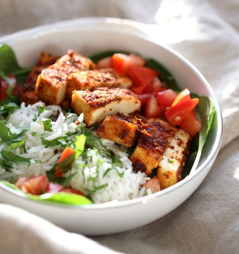 Cajun Tofu with Cilantro Lime Rice. Baked Cajun Spiced Tofu, over greens, cilantro lime rice, and tomatoes. Easy Spicy Bowl. Vegan Gluten-free Nut-free Recipe. Use Chickpea tofu to make soy-free. | VeganRicha.com Cajun Tofu, Rice And Tomatoes, Chickpea Tofu, Vegan Bowl Recipes, Tofu Bowl, Vegan Richa, Vegan Recipes Beginner, Grilled Tofu, Nut Free Recipes