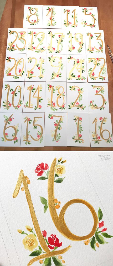 Hand painted table numbers for a New York Wedding by Michelle Mospens. Mospens Studio #weddingideas #tablecards #goldwedding #fairytalewedding Painted Table Numbers Wedding, Painted Table Numbers, Table Assignments, Painted Florals, Hand Painted Table, Curated Wedding, Botanical Gardens Wedding, Wedding 2025, Table Number Cards