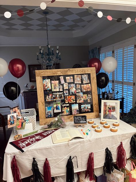 Grad Sign In Table, Graduation Party Senior Table, Simple Senior Table Ideas, Grad Party Achievement Table, Graduate Table Ideas, Grad Tables Ideas, Graduation Party Gift Table Ideas, Graduation Party Memory Table, Desert Table Grad Party