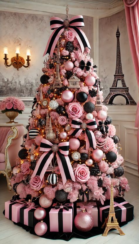 17+ Stunning Pink Christmas Tree Decorations Ideas 🎄💖 Pink Green And Black Christmas Tree, Green Tree With Pink Ornaments, Paris Themed Christmas Tree, Pink Christmas Tree With Black Ornaments, Fuschia Christmas Decor, Pink Ornament Christmas Tree, Pink Tree With Black Ornaments, Pink And White Christmas Tree Decor, Black And Pink Christmas Tree Ideas