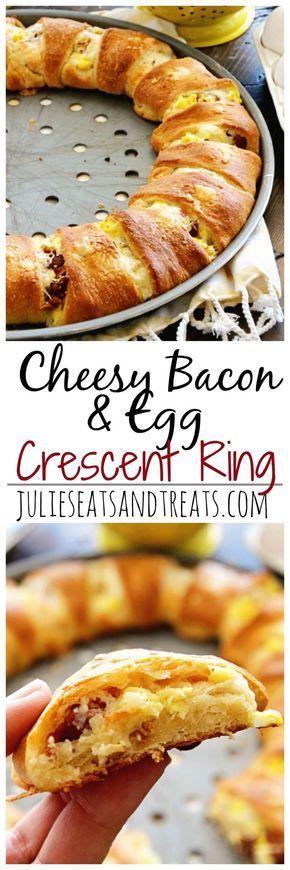 Cheesy Bacon & Egg Crescent Ring Recipe ~ Flaky Crescent Rolls Stuffed with Scrambled Eggs, Cheese, and Bacon for a Delicious Breakfast Recipe! Crescent Breakfast Tart, Crescent Ring Recipes Breakfast, Pastry Ring Recipes, Bacon And Egg Crescent Rolls, Breakfast Crescent Roll Ring, Breakfast Ring With Crescent Rolls, Pillsbury Ring Recipes, Dessert Ring Recipes, Pillsbury Crescent Ring Recipes