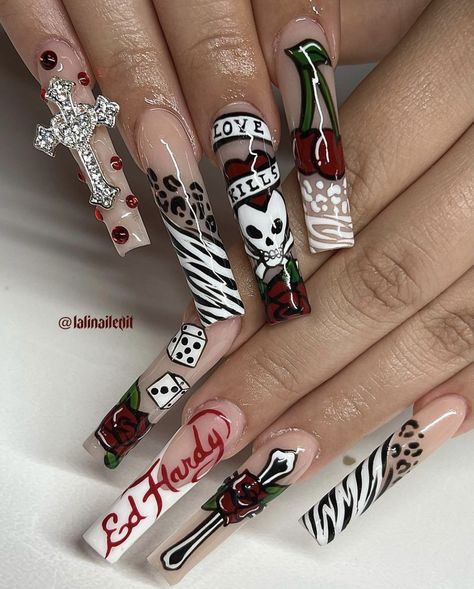 Ed Hardy Nails, Boho Nails, Weak Nails, Edgy Nails, Nails Now, Colored Acrylic Nails, Simple Acrylic Nails, Dope Nail Designs, Unique Acrylic Nails