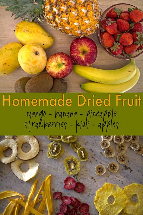 how to dehydrate fruit including bananas, mangoes, strawberries, kiwis, pineapples, and apples Fruit Leather Recipe Dehydrator, Preserve Fruit, Dried Kiwi, Fruit Leather Recipe, Dehydrated Apples, Fruit Chip, Dessert Alternatives, Vacation Meals, Dehydrated Fruit