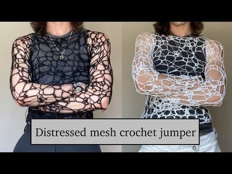 Distressed crochet jumper tutorial/guide // ~ DivyneCrochet ~ - YouTube Distressed Crochet Stitch, Alt Knitting Patterns, Net Sweater Crochet, Alt Crochet Patterns, Crochet Tops Tutorial, Crochet Tutorials Videos, Punk Crochet Patterns Free, Goth Crochet Patterns, Invisible Labor