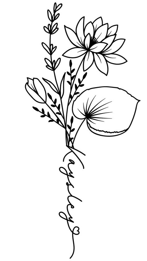 July Birth Flower Tattoo With Name, Birth Flower Tattoos July, Birth Flower Tattoo Designs, Script Tattoo Placement, July Birth Flower Tattoo, Name Flower Tattoo, Purple Tattoos, Baby Name Tattoos, July Birth Flower