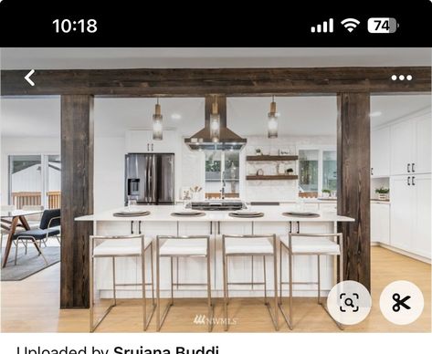 Vertical Beams In Kitchen, Open Concept Kitchen Living Room With Columns, Island Dividing Kitchen And Living Room, Beams In Kitchen Island, Supporting Post In Kitchen, Kitchen Island With Beams Support, Exposed Header Beam Kitchen, Open Kitchen With Beams, Supporting Wall Ideas Open Concept