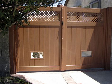 Dog Fencing Ideas, Dog Window In Fence, Dog Fencing, Dog Gates For Stairs, Driveway Fence, Dog Friendly Backyard, Vinyl Gates, Dog Doors, Garden Gates And Fencing