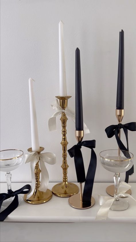 SisterStylingCo. | 𝓫𝓸𝔀-𝓮𝓪𝓾𝓽𝓲𝓯𝓾𝓵 🎀 it’s safe to say we are firmly in our bow era the perfect addition to our slim or ornate gold candlesticks for your top… | Instagram Candle Stick Table Setting, Ribbon On Candlesticks, Candle Sticks With Bows, Candlesticks With Bows, Bows On Candles, Bow Table Decor, Candles With Bows, Bow Candlestick, Small Engagement Party