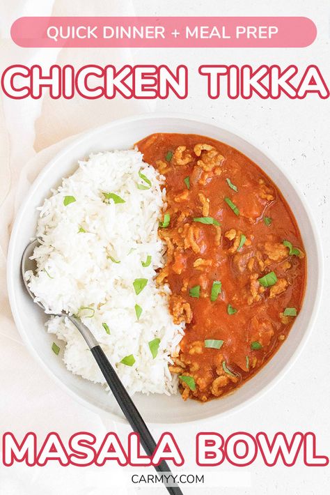 Perfect as a meal prep or as a last minute dinner, this Ground Chicken Tikka Masala Bowl takes under 30 minutes to make! Saucy and served with a side of basmati rice, you're going to want to make extra! Cheesy Chicken Recipes, Chicken Main Dish Recipes, Ground Chicken Recipes, Dinner Meal Prep, Chicken Meal Prep, Chicken Tikka Masala, Chicken Tikka, Lunch Meal Prep, Quick Dinner Recipes