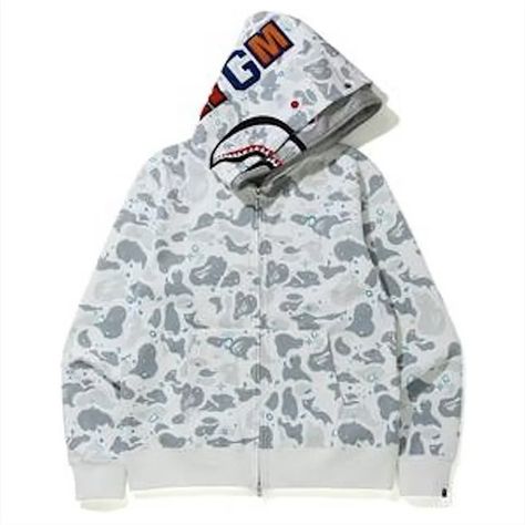 BAPE by A Bathing Ape White Space Camo Shark Full Zip Double Hoodie Sweatshirt White Bape Hoodie, Pink Camo Hoodie, Bape Jacket, Double Hoodie, Winter Jackets For Men, Shark Sweatshirt, Monogram Hoodie, Bape Shirt, Shark Hat