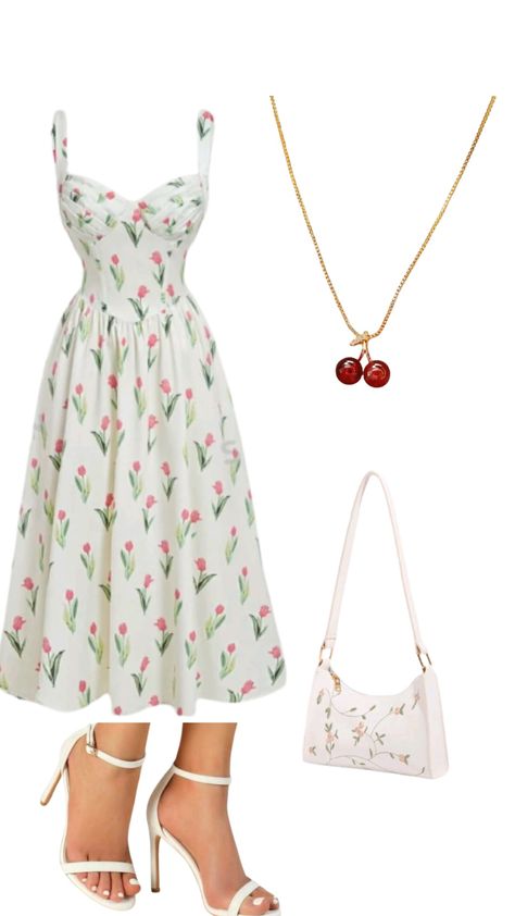 FOLLOW AND LIKE FOR MORE!!! Midi flowery dress with flowery bag, cherry 🍒 necklace and white heels. Outfit for Church, date night, beach date or school Outfit inspiration Flowery Dress Outfit, White Heels Outfit, School Outfit Inspiration, Outfit For Church, Flowery Dress, Midi Dress Outfit, Cherry Necklace, Flowery Dresses, Beach Date