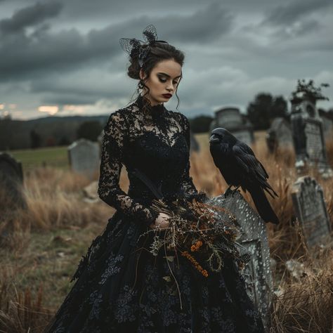 A stunning bride in a black lace gown, standing alone in a desolate graveyard, holding a wilted bouquet, with a dark, overcast sky and an ominous raven perched nearby. This vintage-inspired digital download is perfect for printing and decorating your living room, bedroom, dining area, or even your office. Elevate your space with a touch of eerie charm and academic aesthetic. Our printable wall art files are available for instant download. Whether you prefer printing at home or utilizing a printi Dark Prom Aesthetic, Dark Bridgerton Aesthetic, Bride Black Dress, Graveyard Wedding, Wilted Bouquet, Dark Bride, Norse Wedding, Gothic Weddings, Raven Perched