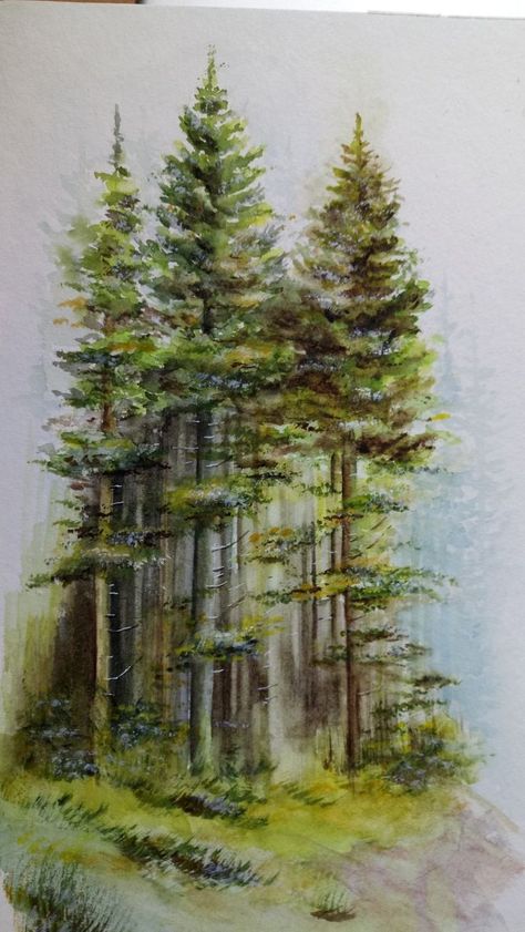 Banner Painting, Watercolor Landscape Tutorial, Yellow Forest, Cherokee Rose, Pine Tree Painting, Forest Drawing, Tree Watercolor Painting, Abstract Tree Painting, Watercolor Paintings Nature