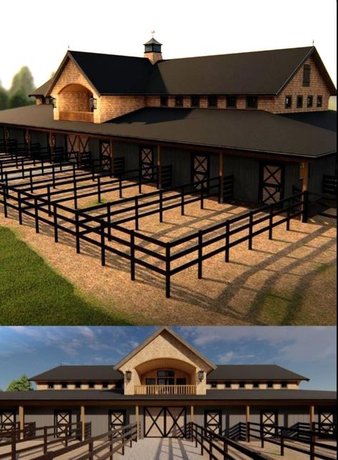 Horse Stable Aesthetic Exterior, Fancy Horse Stables, Horse Feed Room Ideas, Equestrian Facility Layout, Equestrian Cottage, Modern Horse Barn, Potter Manor, Equine Facility Design, Minecraft Horse Stables