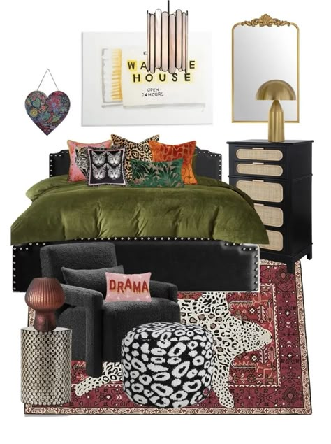 Velvet Room Decor, Speakeasy Bedroom Ideas, Maximalist Decor Bedroom Green, Eclectic Master Bedrooms Decor, Eclectic Bedroom Aesthetic, Fun Guest Bedroom Ideas, Eclectic Style Bedroom, Moody Maximalist Curtains, Maximalist Bedroom Decor