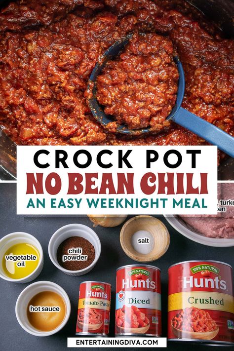 Made with ground beef or ground turkey, this no bean crockpot chili recipe is so comforting, easy and satiating. It's the perfect dish for a potluck dinner or football party menu. Easy Crockpot Chilli, No Bean Turkey Chili, Chili Beans Crockpot, Chili Recipe Crock Pot, Chilli Recipe Crockpot, No Bean Chili Recipe, Football Party Menu, Ground Turkey Crockpot Recipes, Beans Recipe Crockpot