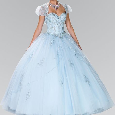 Beads Embellished Tulle Sweetheart Neckline Sleeveless Strapless Quinceaneraball Gown With Bolero And Open Back And Corset Back Blue Gown Dress, Long Ball Gown, Blue Ball Gown, Blue Ball Gowns, Fashion Fantasy, Blue Ball, Princess Ball Gowns, Corset Back, Blue Gown