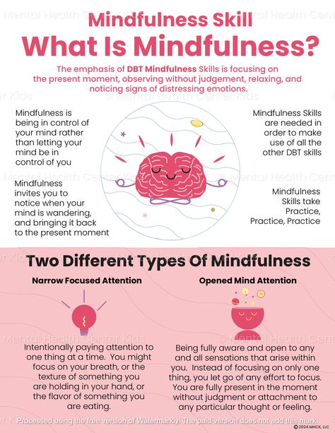 Mindfulness is an essential component of Dialectical Behavior Therapy (DBT), which involves observing the present moment and accepting it as it is. Research shows that mindfulness can be particularly beneficial for young people and families who are more likely to be exposed to long-term stress. The DBT What Is Mindfulness In DBT handout guides clients to learn what mindfulness entails — for example, it explains how mindfulness skills are used in all the other DBT skills, and how mindfulness take Accepts Dbt Skills, Dbt Skills Worksheets Mindfulness, Dbt Skills Activities, Dbt Skills Worksheets, Dbt Activities, Mindfulness Skills, Mindfulness Therapy, Dbt Therapy, Cbt Worksheets