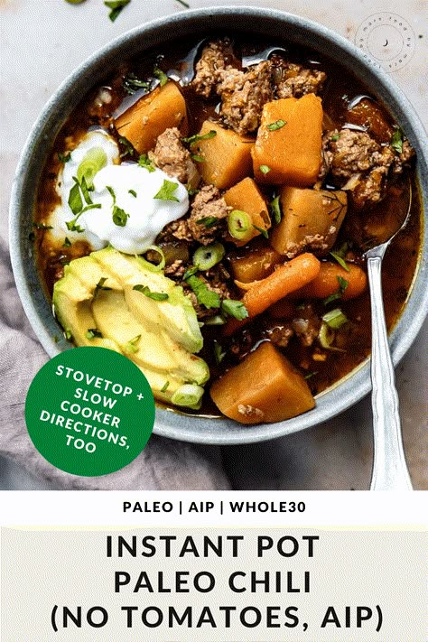 Chili No Tomatoes, Hoshimotos Diet, Chili Without Tomatoes, Aip Instant Pot, Autoimmune Lifestyle, Paleo Chili Recipe, Aip Dinner, Duck Food, Aip Diet Recipes