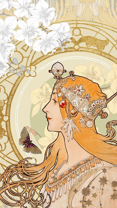 Iphone Wallpaper Cream, Alphonse Mucha Wallpaper, Woman Iphone Wallpaper, Iphone Wallpaper Art, Phone Wallpaper Art, Iphone Background Art, Wallpaper Cream, Nouveau Wallpaper, Art Nouveau Wallpaper