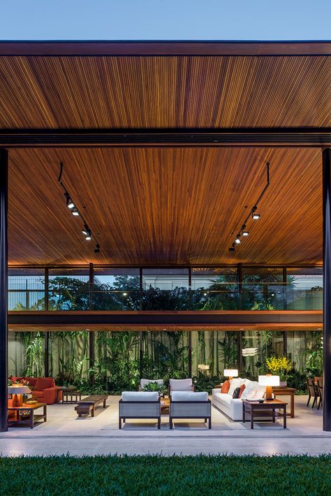 MLA House by Jacobsen Arquitetura Steel Extension, Open Living Space, Courtyard Gardens Design, Glazed Walls, Architecture Modern, Architecture Images, Ocean House, House With Porch, Modern Tropical