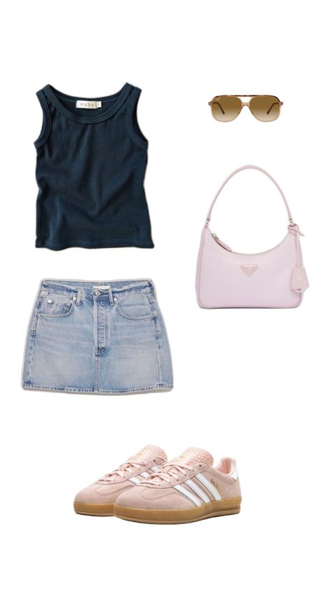 Basic outfit aesthetic summer Jean skirt Brandy Melville tank top gazelles adidas sambas summer outfit light pink navy comfy outfit Sambas Summer Outfit, Basic Outfit Aesthetic, Gazelles Adidas, Pink Gazelle, Gazelle Outfit, Adidas Gazelle Outfit, Pink Gazelles, Costal Granddaughter, Brandy Melville Tank Top