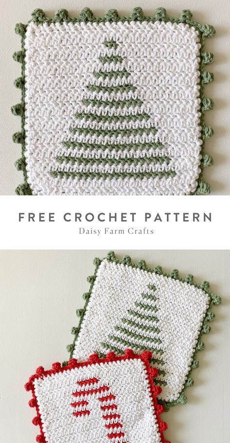 Free Pattern - Crochet Christmas Tree Stripe Hot Pad with Dot Border Diy Natal, Daisy Farm, Crochet Potholder Patterns, Crochet Christmas Tree, Crocheted Christmas, Crochet Hot Pads, Crochet Tree, Crochet Christmas Gifts, Dishcloth Crochet Pattern