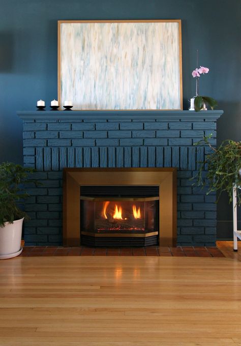 Teal Blue Fireplace Makeover with Chalk Paint Brick Fireplace Painted Same Color As Wall, Blue Painted Fireplace Brick, Blue Painted Brick Fireplace, Blue Painted Fireplace, Blue Brick Fireplace, Wallpaper Fireplace Wall, Painted Fireplace Brick, Painted Brick Fireplace Makeover, Painting Fireplace