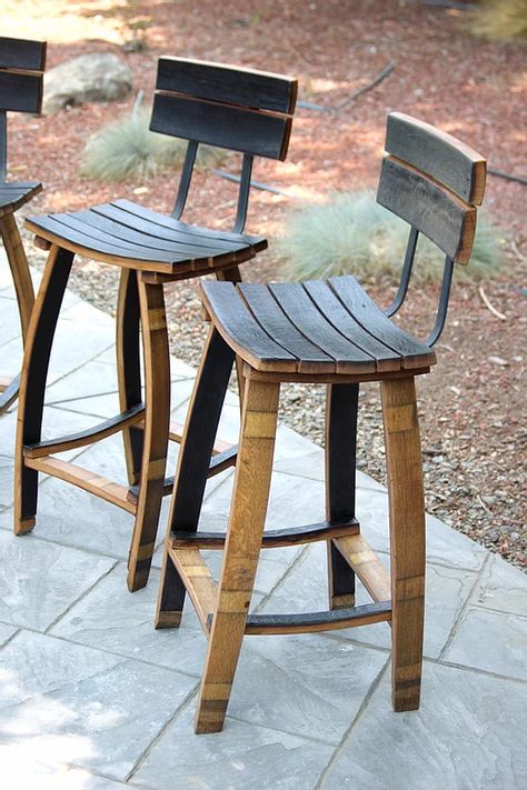 Wine Barrel Crafts Wood, Wine Barrel Furniture Table & Bar Stools, Wine Barrel Chairs Diy, Whiskey Barrel Bar Stools, Whiskey Barrel Chairs, Rustic Bar Stools With Back, Wine Barrel Bar Ideas, Bourbon Barrel Projects, Wooden Bar Stools With Back