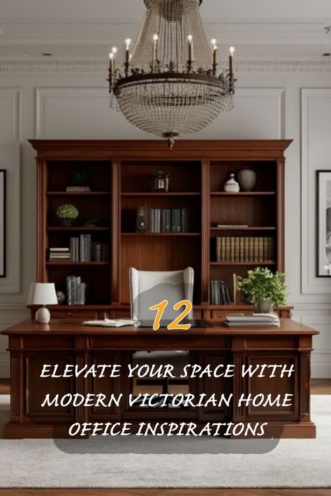 Transform your workspace with these stunning modern Victorian home office ideas. This elegant design features rich wood tones, a beautiful chandelier, and stylish decor that brings a touch of sophistication and comfort to any home office setting. Office Room Ideas Home Luxury, Cherry Office Furniture Decor, Office Room Ideas Home, Modern Masculine Office, Victorian Home Office, Edwardian Interiors, Modern Victorian Home, Office Room Ideas, Japandi Dining Room