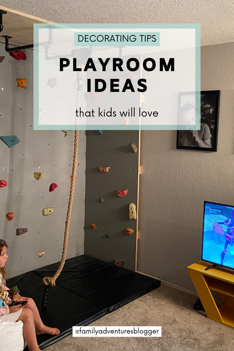 Looking to design the ultimate kids space in your house? Here's how we created a fun play space for our kids. Yellow Tv Stand, Cozy Bathroom Decor, New Apartment Aesthetic, Kids Futon, Ultimate Playroom, Kids Tv Room, Gymnastics Room, Basement Playroom, Boys Playroom