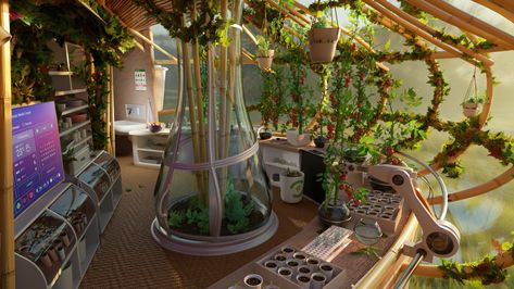 Green House Concept, Sci Fi Bedroom, House Concept Art, Solar Punk, Building Interior, Spaceship Interior, Sci Fi Environment, Live Together, Futuristic Interior