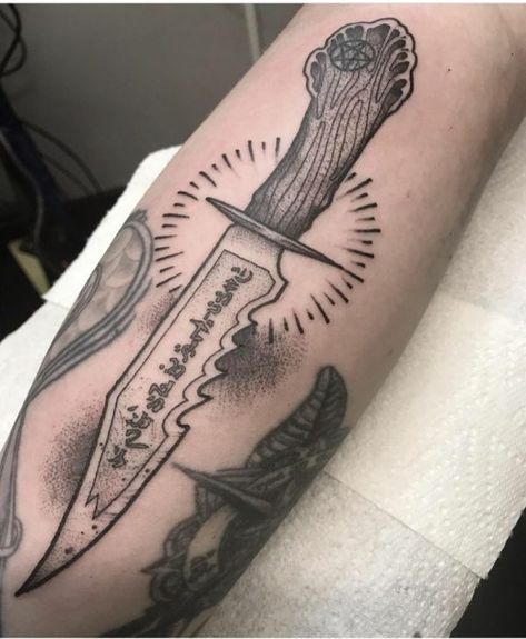 10 Best Supernatural Tattoos For Fans - Wondafox Supernatural Knife Tattoo, Super Natural Tattoo Ideas, Supernatural Show Tattoo, Supernatural Impala Tattoo, Winchester Tattoo Ideas, Tattoo Ideas Supernatural, Dean Winchester Tattoo Ideas, Super Natural Tattoo, Angel Blade Tattoo