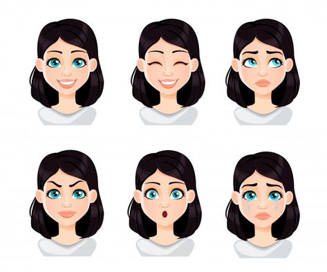 Female Emotions, Woman With Dark Hair, Cartoon Faces Expressions, Vector Face, Beautiful Cartoon, Character Vector, Cartoon Faces, Face Expressions, Diy Canvas Art Painting